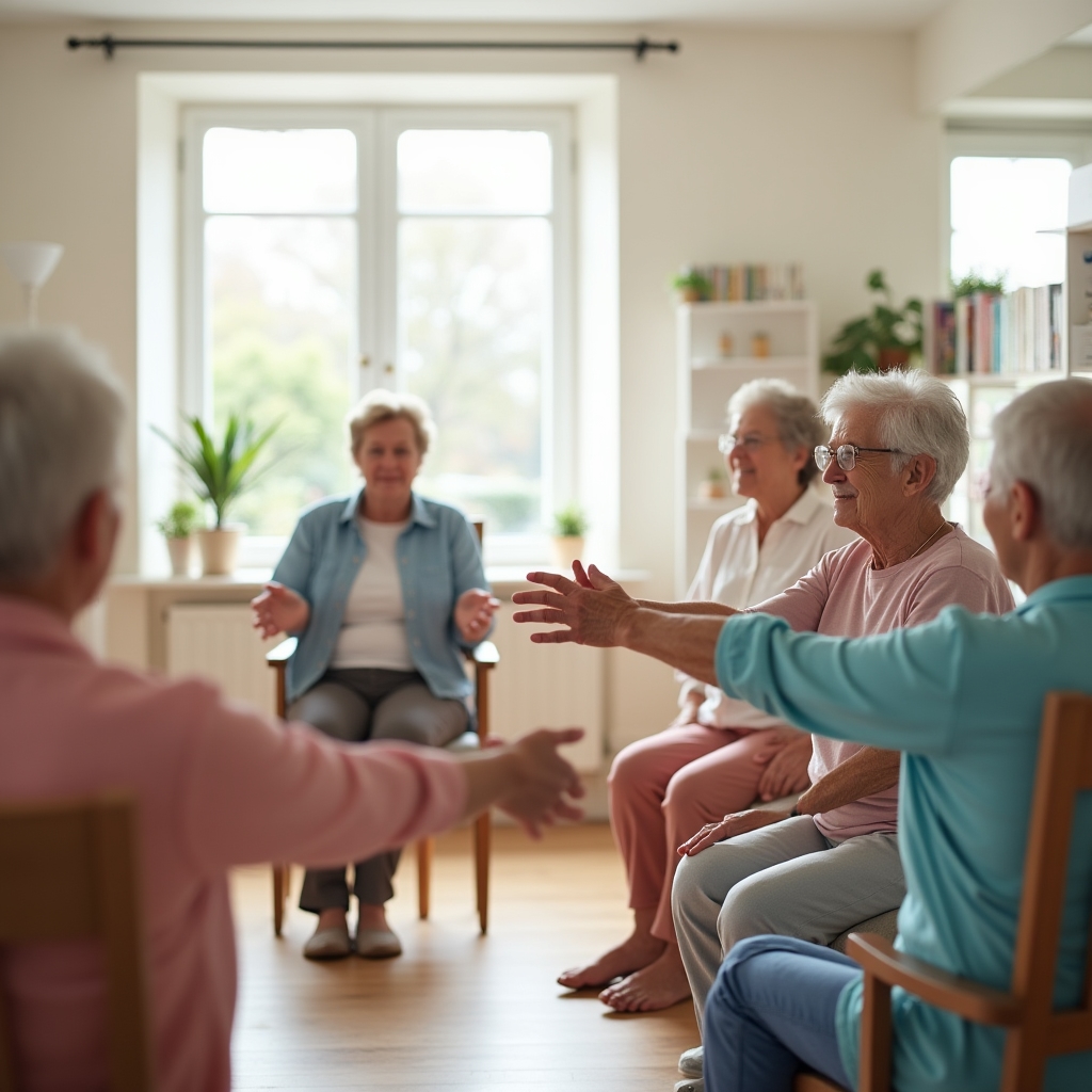 Séance d'étirements doux pour seniors en groupe