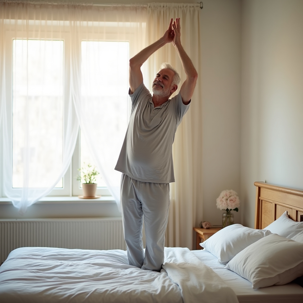 Senior réalisant sa routine matinale d'étirements chez lui