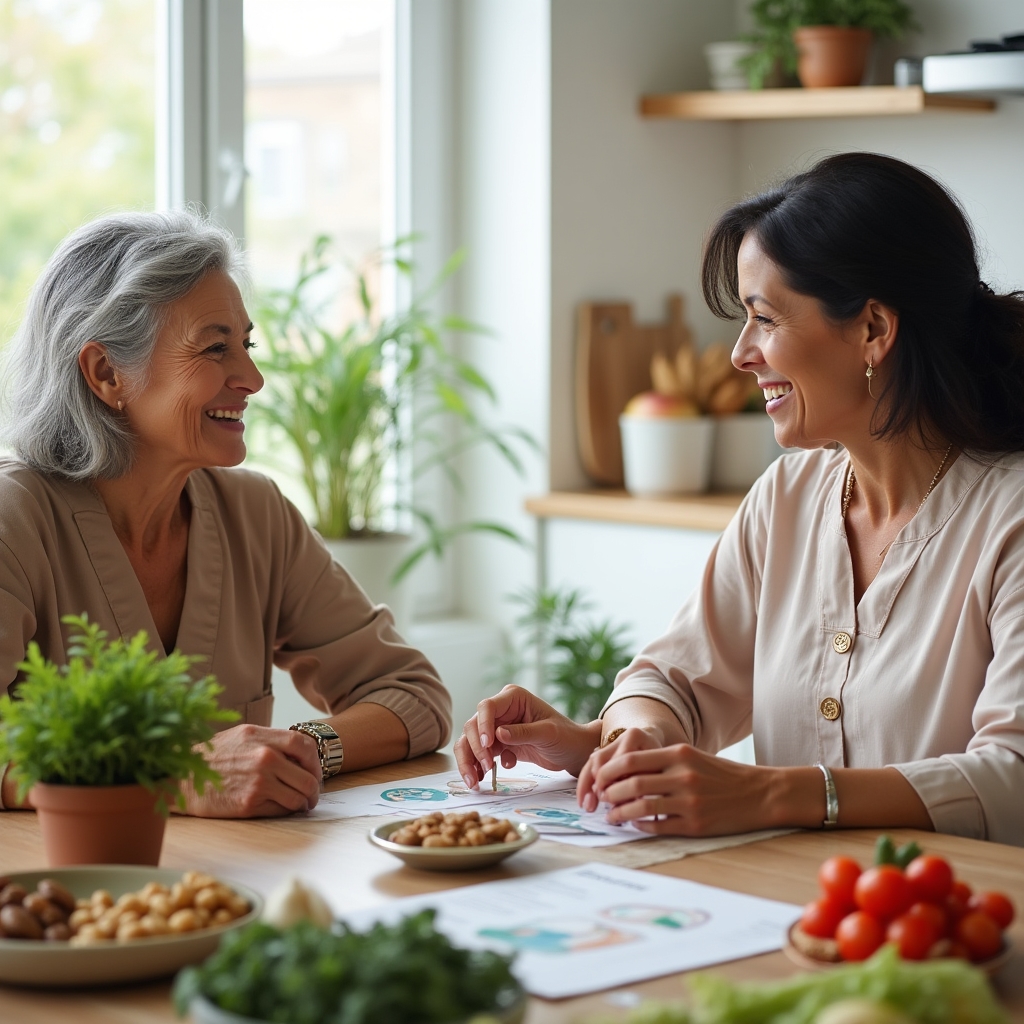 Consultation nutritionnelle pour une senior avec des aliments frais
