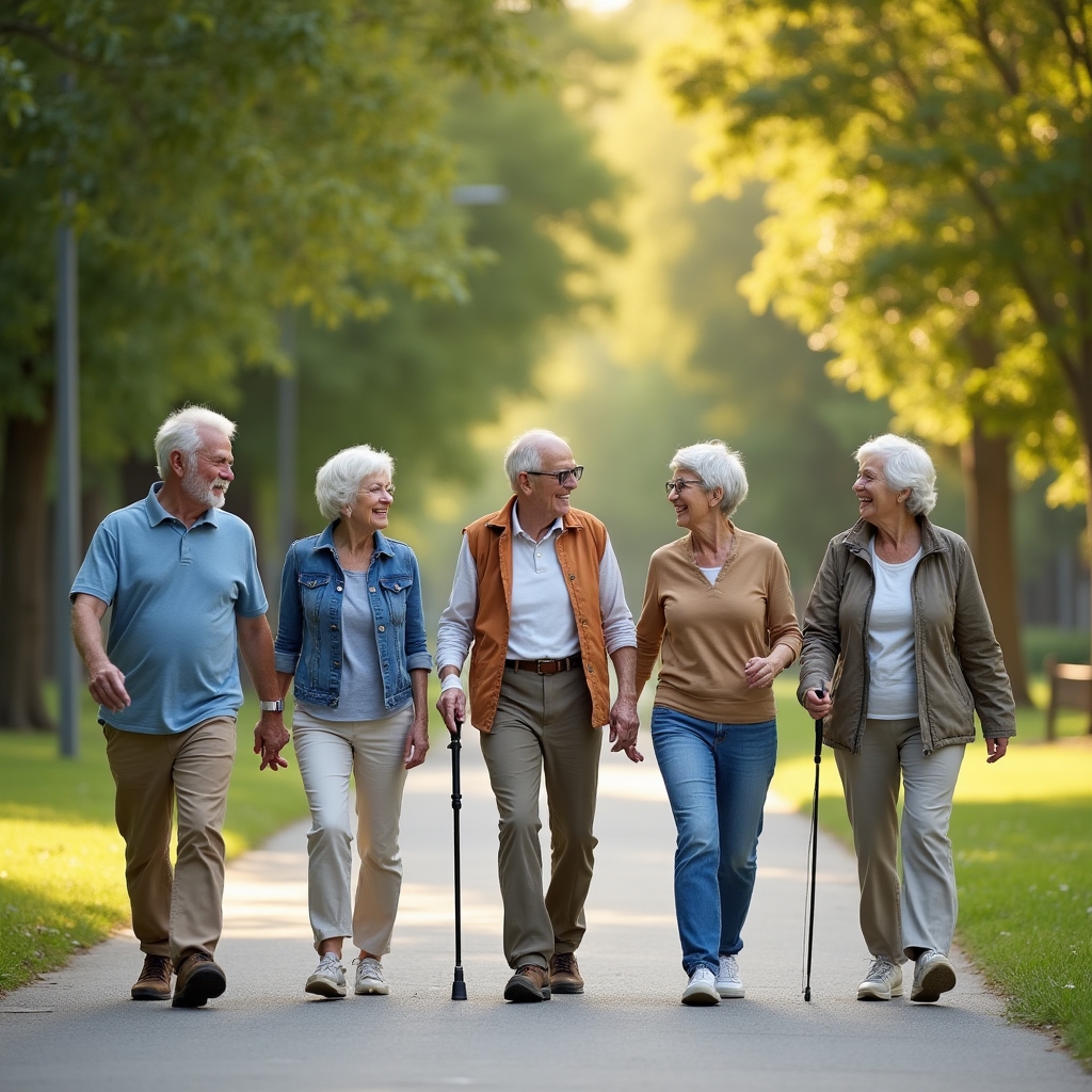 Groupe de seniors marchant ensemble en plein air