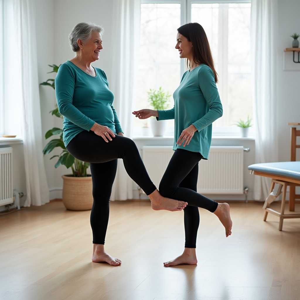 Senior pratiquant des exercices d'équilibre avec un accompagnateur