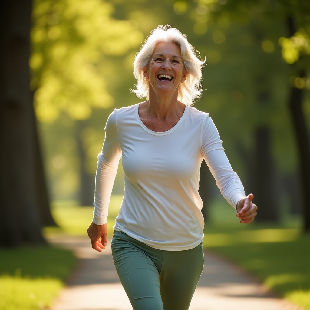 Senior en mouvement à l'extérieur, souriant et actif